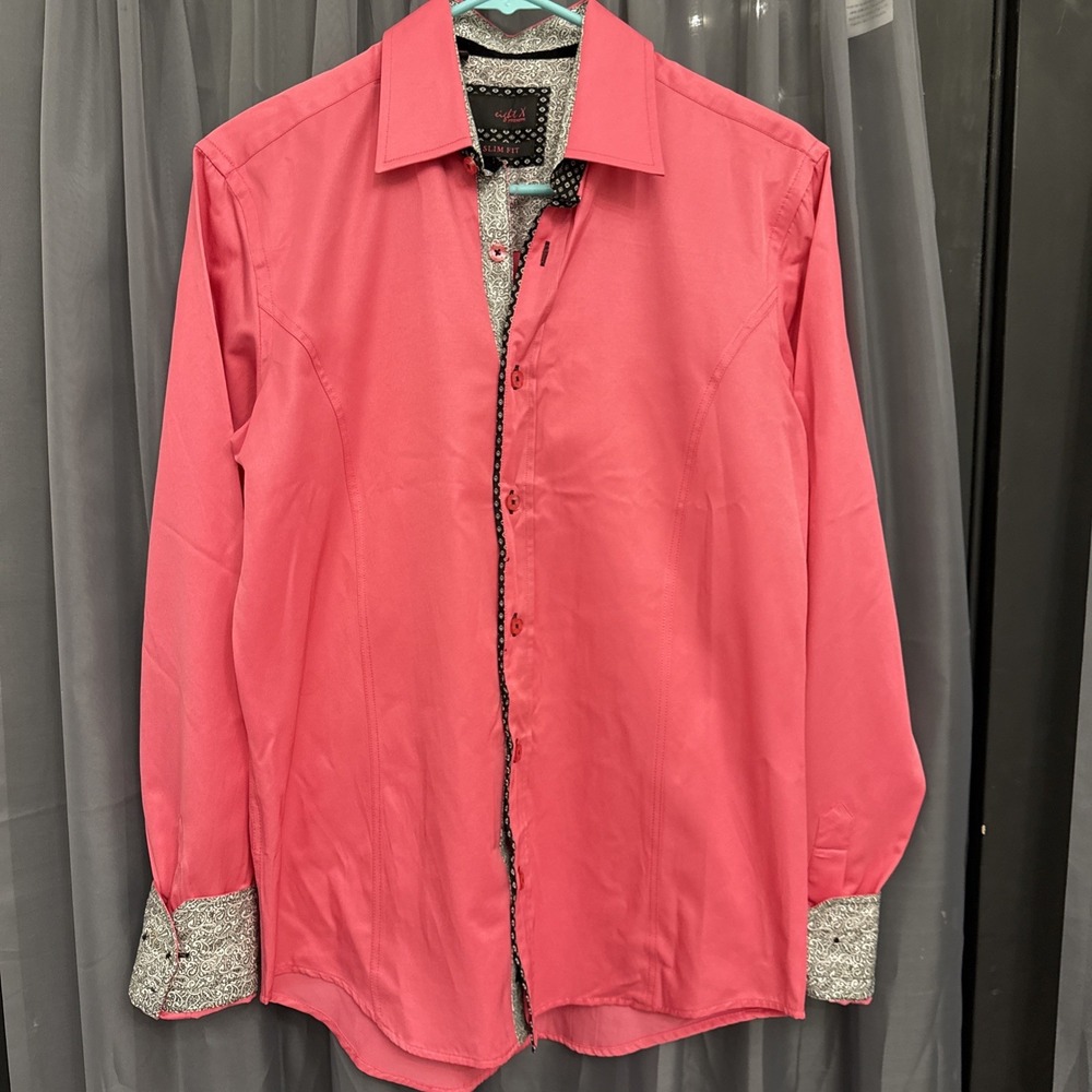 Eight X Premium Dress Shirt Men Small S Pink Paisley Contrast Trim Cuff Slim Fit
